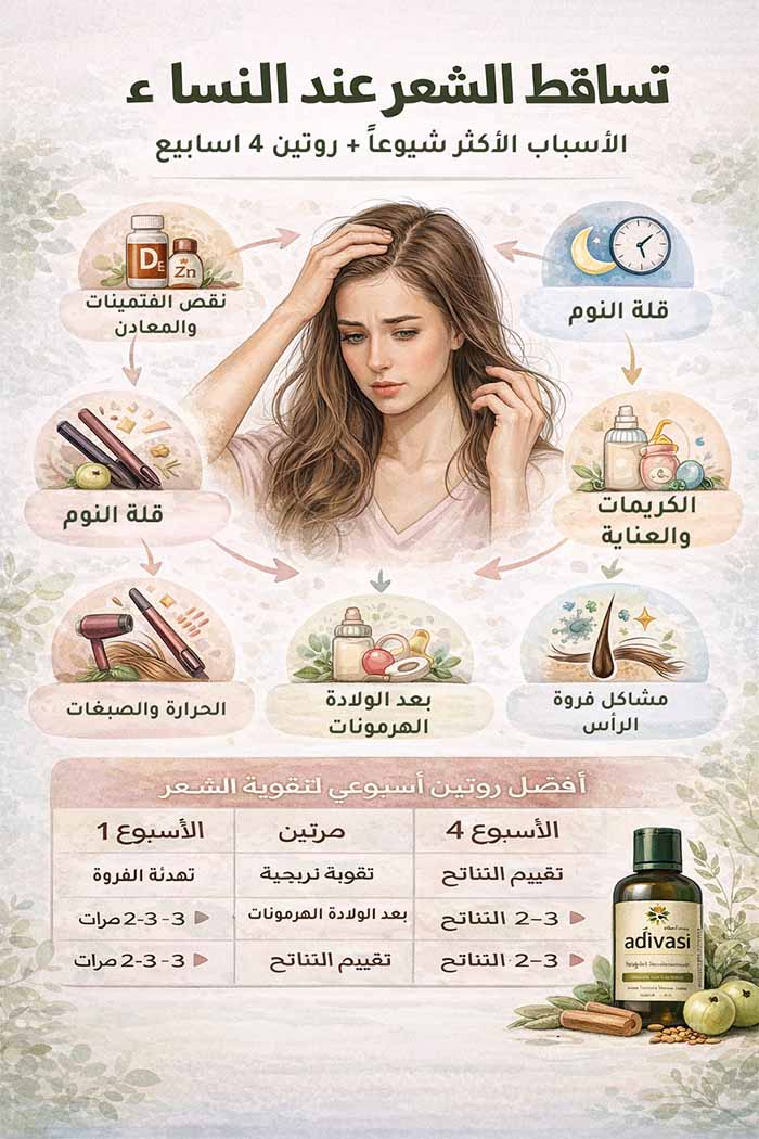 تساقط الشعر عند النساء: الأسباب الأكثر شيوعًا + روتين عملي لتقوية الشعر خلال 4 أسابيع